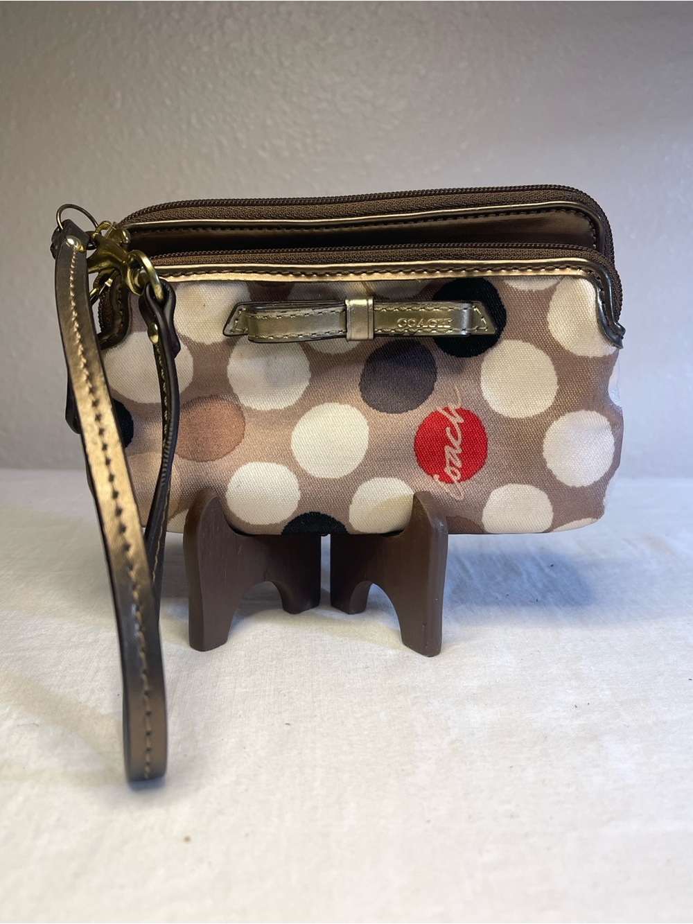 Coach Poppy Watercolor Polka Dot Double Zip Wristlet